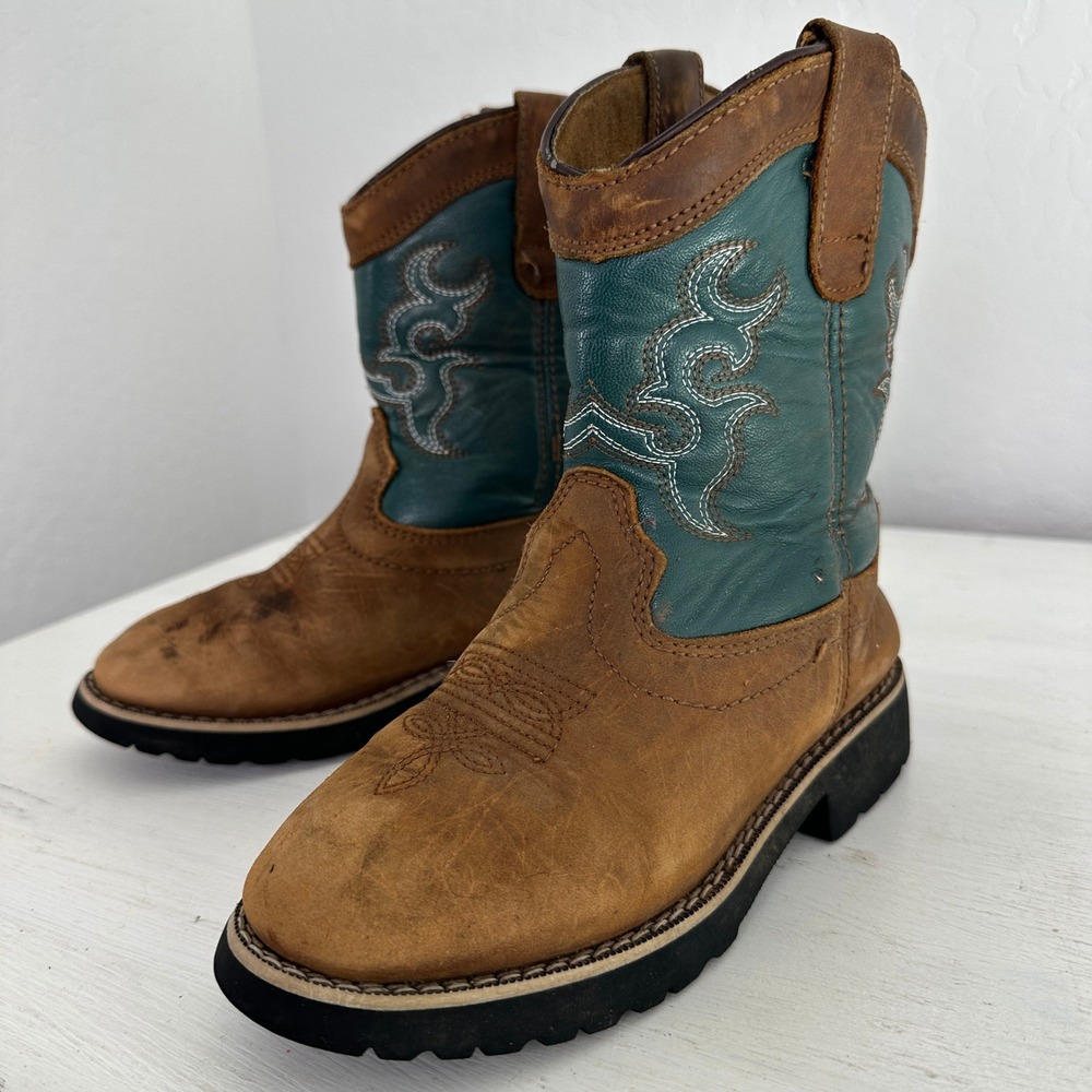 Itasca Boots Kids 13 Buckaroo Teal Brown Leather Slip Resistant Cowboy Boot